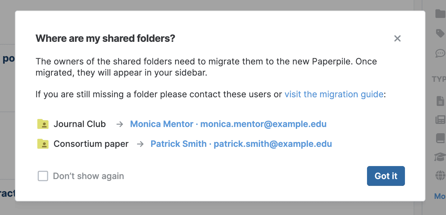 A “Where are my shared folders?” dialog explaining that owners must migrate folders to the new Paperpile, listing the Journal Club and Consortium paper folders against their owners’ names and email addresses.